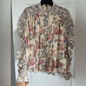 Free People Cream Floral Peasant Blouse with Pink Roses